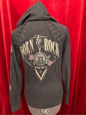 Hard Rock San Francisco 'Born to Rock' Lace-Up Shoulder Zip Distressed Hoodie